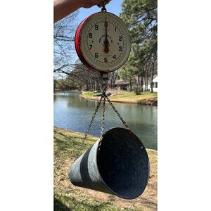 Vintage Hanging Penn MGG Poultry Food Scale Red White Galvanized Metal Scoop